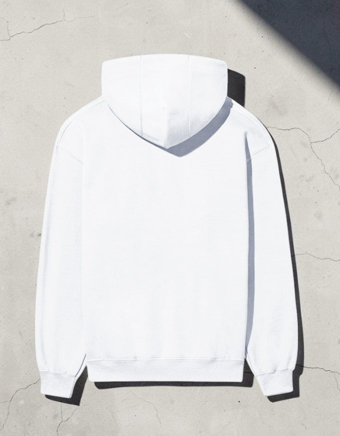 Back view of a Zanthra Store unisex white heavyweight cotton brushed fleece hoodie with a relaxed fit