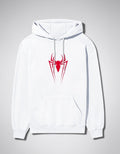 Zanthra Store white unisex heavyweight cotton hoodie featuring a red spider graphic on the chest