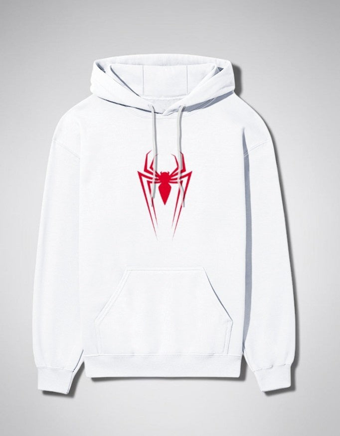 Zanthra Store white unisex heavyweight cotton hoodie featuring a red spider graphic on the chest